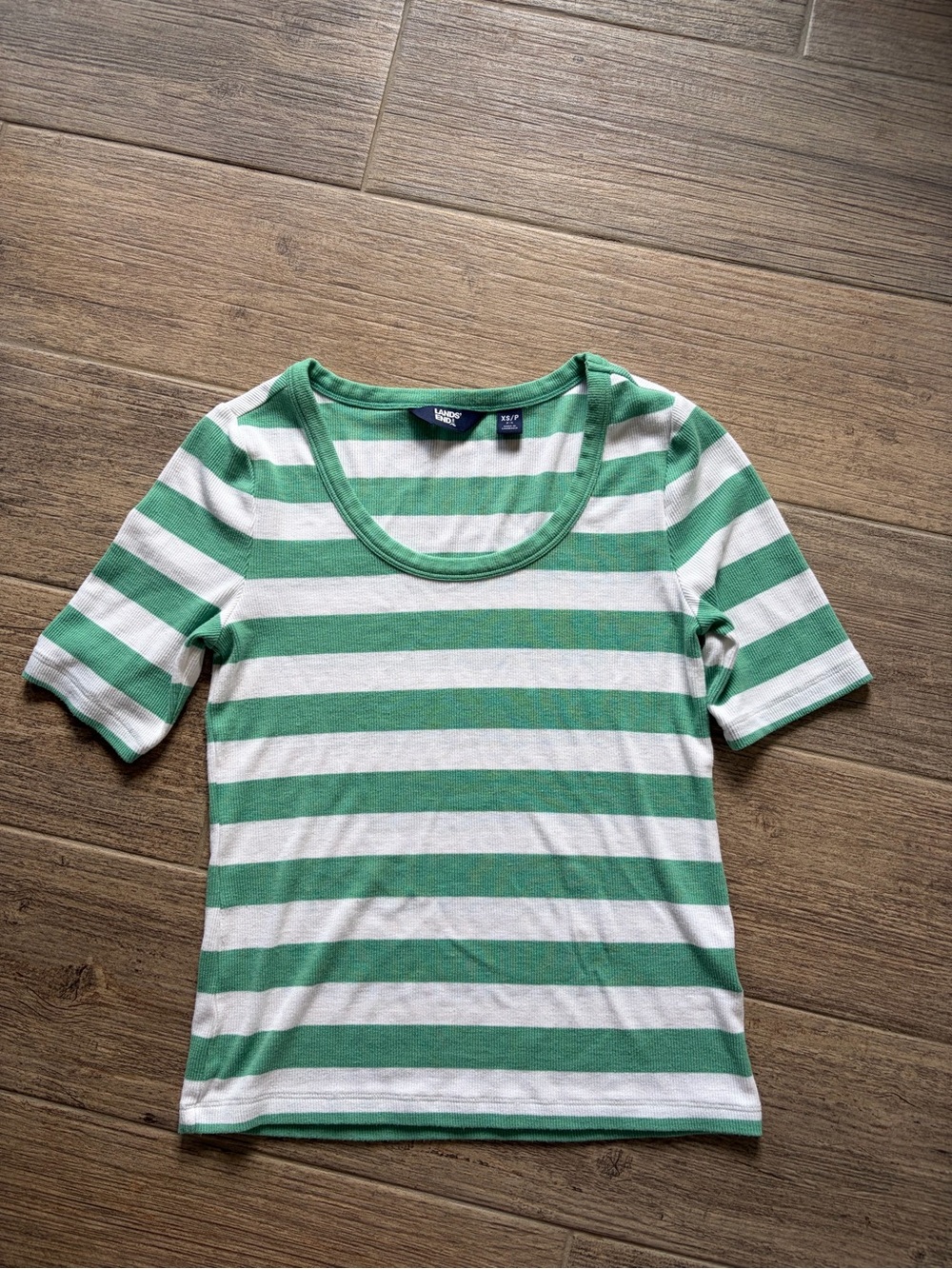 Lands' End Green & White Striped Scoop Neck Tee